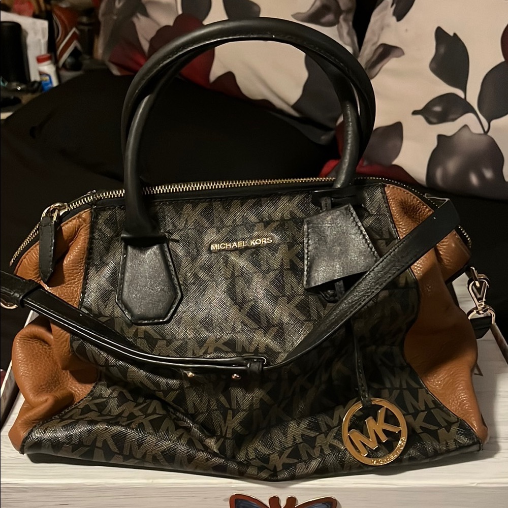 Michael Kors Black and Brown Satchel with Gold Hardware